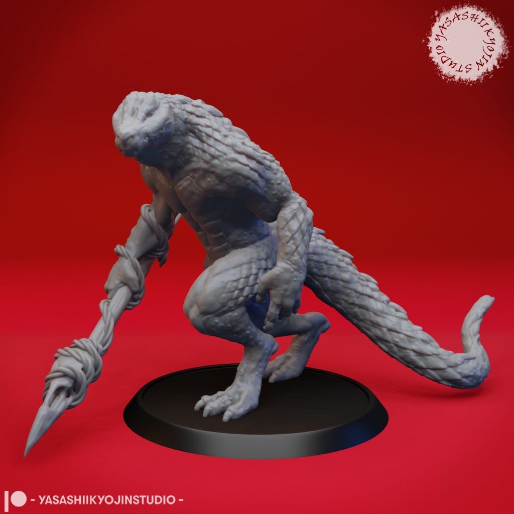 Lizardfolk Warrior Miniature  | RPG Minis | D&D | DND | RPG | Tabletop Gaming |  From Yasashii Kyojin Studios