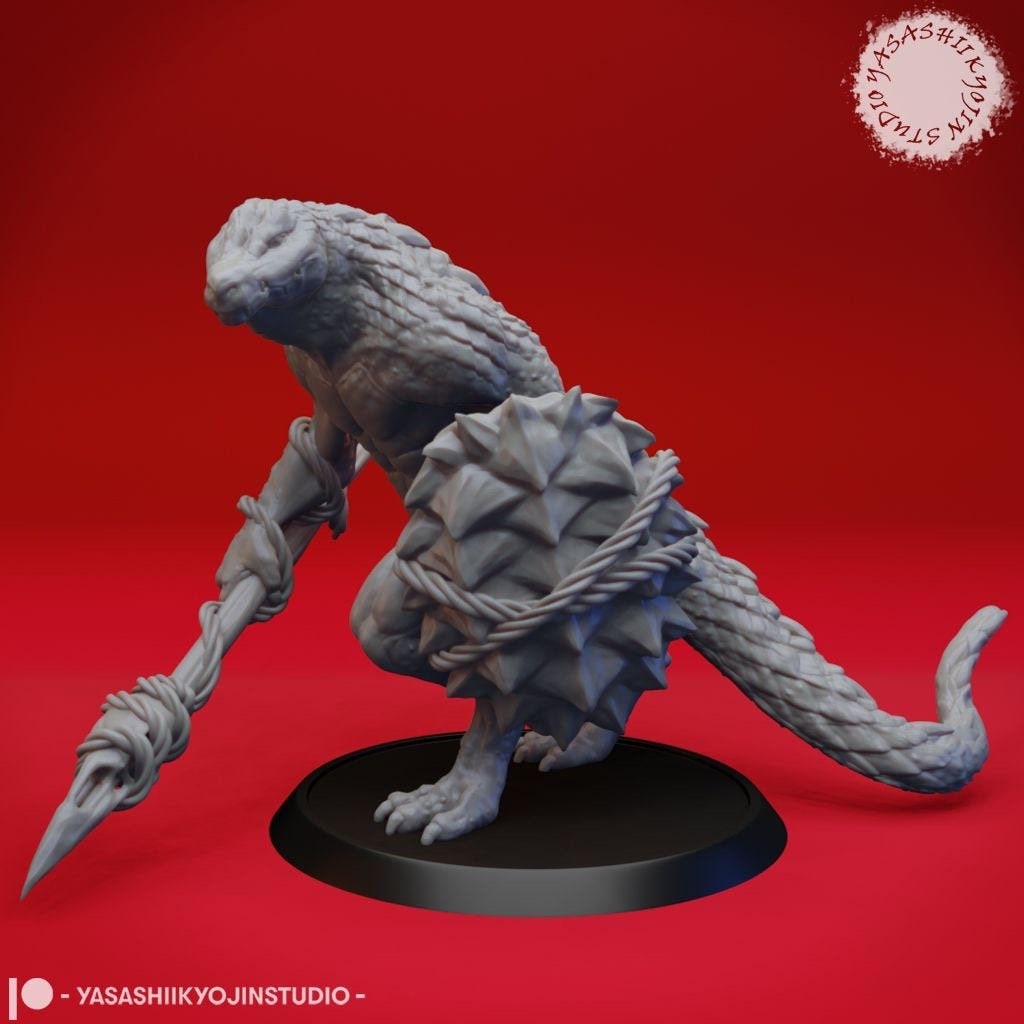 Lizardfolk Warrior Miniature  | RPG Minis | D&D | DND | RPG | Tabletop Gaming |  From Yasashii Kyojin Studios