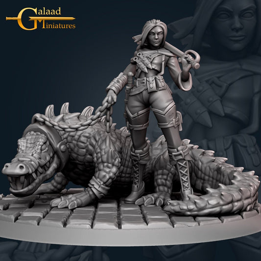 Female Druid Mini w/ Alligator  | RPG Minis | D&D | DND | RPG | Tabletop Gaming |  From Galaad Miniatures