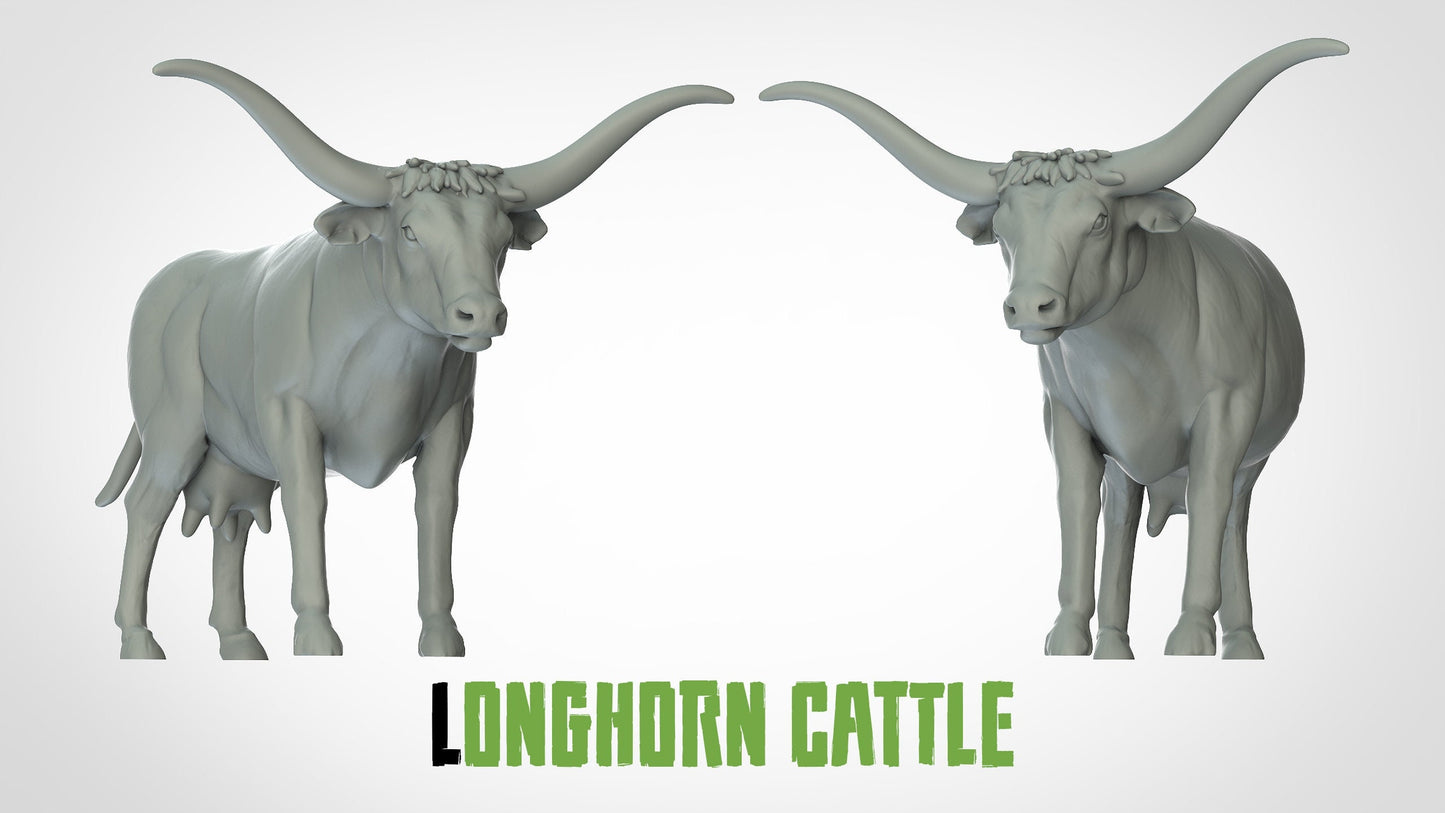 Longhorn Cattle Miniature  | RPG Minis | D&D | DND | RPG | Tabletop Gaming |  From 3D IPStudios