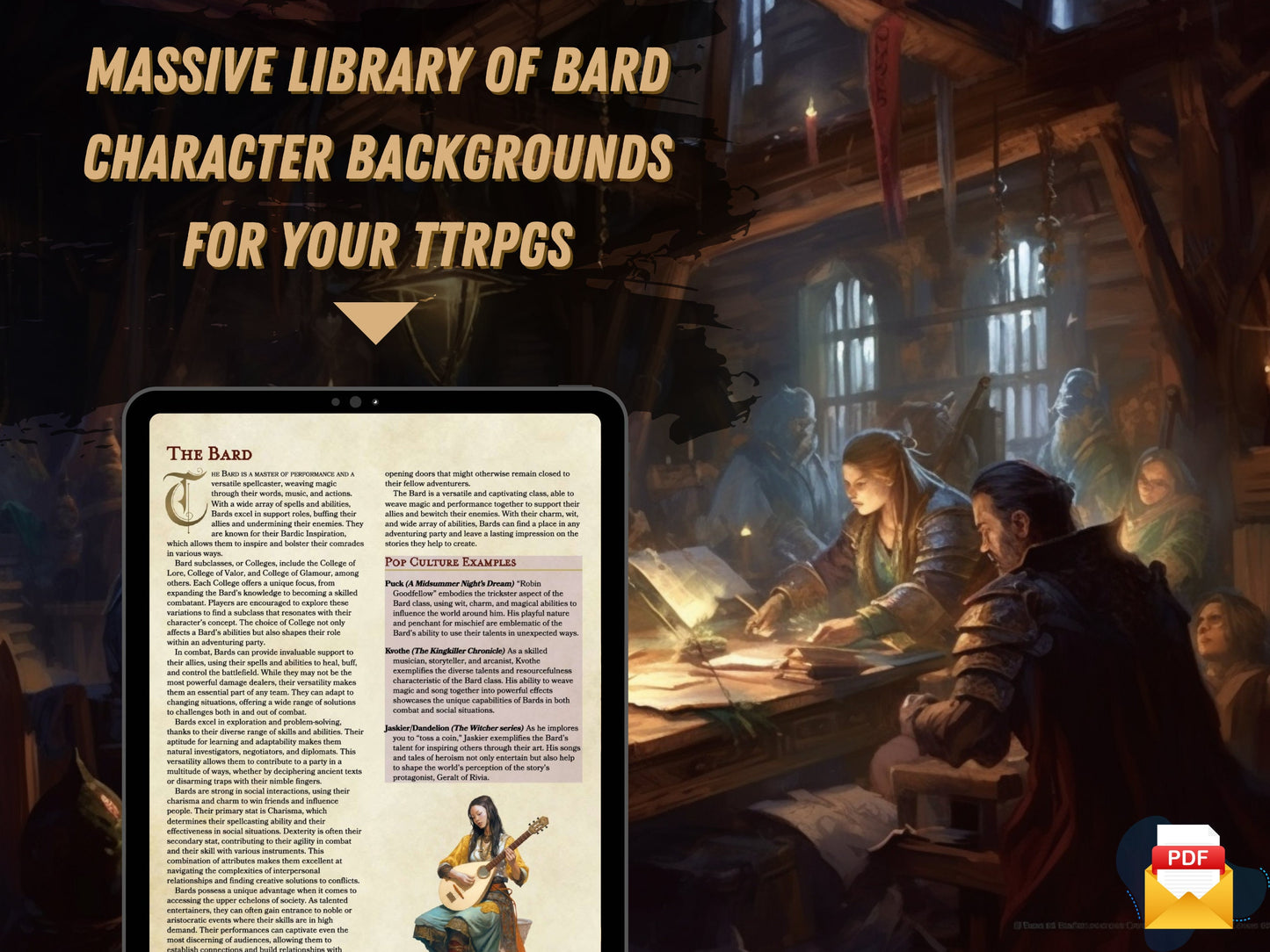 Digital Bard DND Character Backgrounds | D&D Digital Download | Printable PDF | 40 Character Backgrounds | Digital Art | Ready to Use